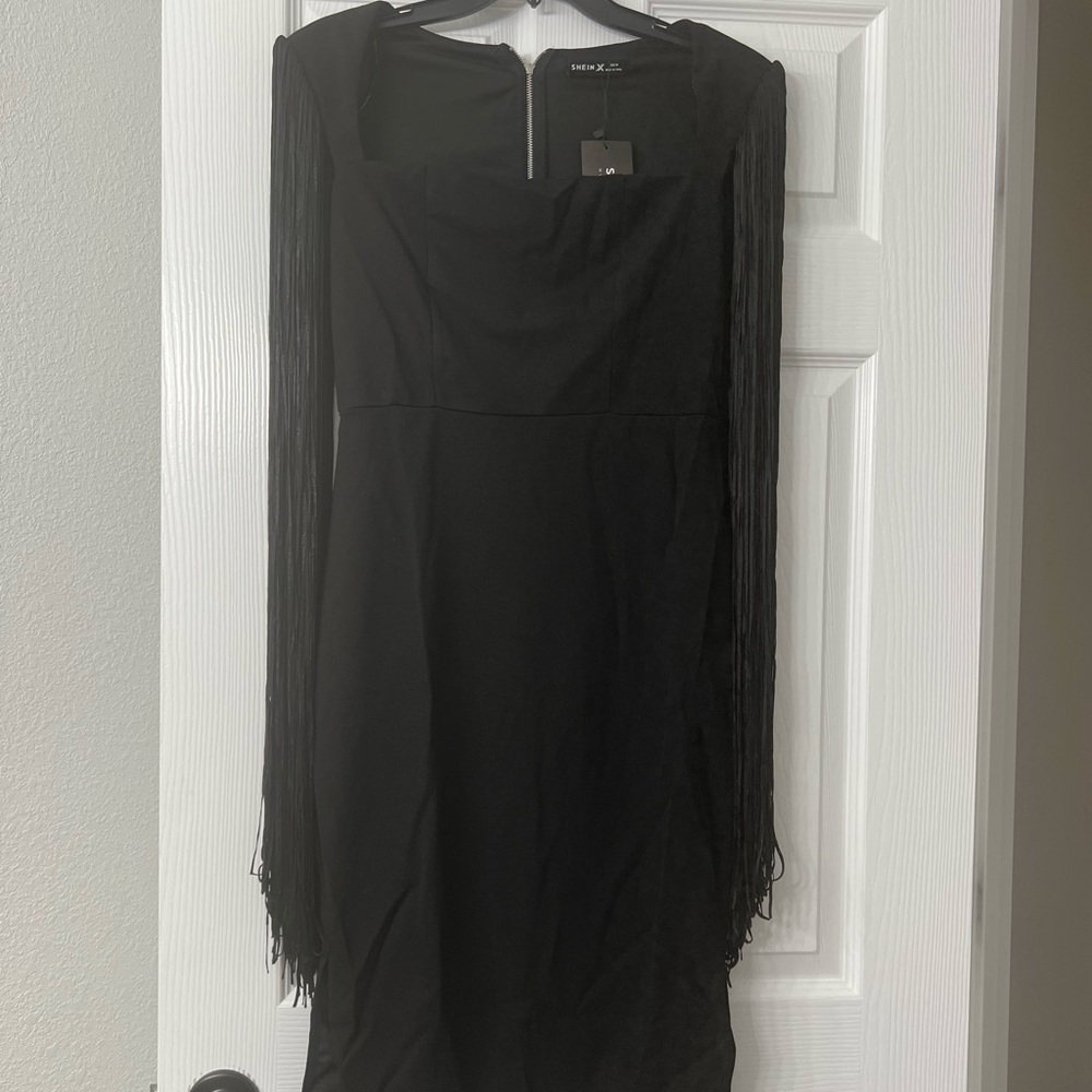 Fringe Square Neck Spit Hem Fitted Dress NWT